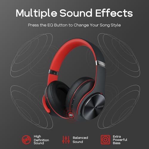 DOQAUS Bluetooth Headphones Over Ear, 90H Playtime, 3EQ Mode, with ENC Mic | Hifi Stereo Sound, Lightweight, Headphones Wireless with Soft Memory Foam Earpads, Deep Bass for Home Office Cellphone PC - color: Black-Red