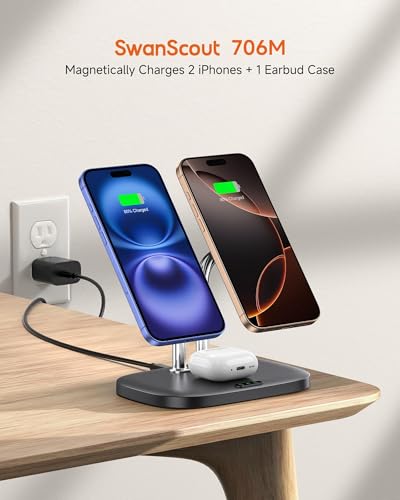 Dual Wireless Charger for iPhone 17, SwanScout 706M, Black | Dual Magnetic Charger for iPhone Air/16/15/14/13/12 Series, Charging Station for AirPods Pro 3/2, AirPods 4/3 - color: Black