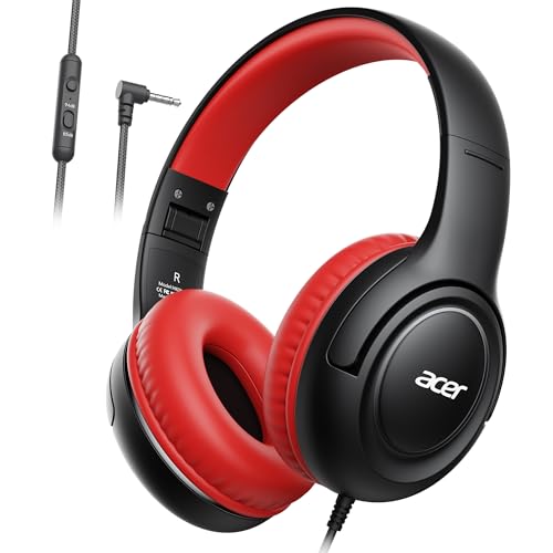 Acer Kids Headphones for School, 85-94dB Limiter, 3.5mm Jack, w/Mic HK03 | Foldable Wired Over Ear Headphones, for Toddler School/Tablet/iPad/PC/Travel, Black-Red - color: Black Red