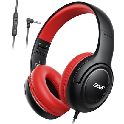 Acer Kids Headphones for School, 85-94dB Limiter, 3.5mm Jack, w/Mic HK03 | Foldable Wired Over Ear Headphones, for Toddler School/Tablet/iPad/PC/Travel, Black-Red - color: Black Red