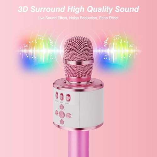 BONAOK Karaoke Microphone for Kids & Adults - Bluetooth Microphones Singing Mic with Disco Lights, Echo Effect, Built-in Speaker Portable Karaoke Player for Party Travel Gifts Q78(Light Pink) - color: Light Pink