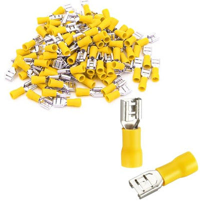 Baomain 1/4" Female Quick Disconnect Spade Terminals,Insulated Crimp Connectors 12-10 AWG 6.3mm (0.25 inch),Yellow, (100-Pack)