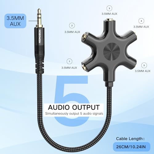 HOSONGIN 5-Way Headphone Splitter - 3.5mm Audio Sharing Hub with Braided Cable & Gold-Plated Connectors - Compatible with Smartphones Tablets Laptops MP3 Players - Perfect for Travel School Family Fun