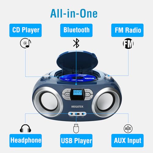 MEGATEK Portable CD Player Boombox with Bluetooth & FM Radio – Blue Jay | USB Playback, Clear Stereo Sound, AUX Input, Headphone Jack, CD-R/RW & MP3-CD Support, LCD Display, AC/Battery Powered - color: Blue Jay