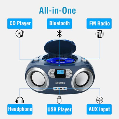MEGATEK Portable CD Player Boombox with Bluetooth & FM Radio – Blue Jay | USB Playback, Clear Stereo Sound, AUX Input, Headphone Jack, CD-R/RW & MP3-CD Support, LCD Display, AC/Battery Powered - color: Blue Jay