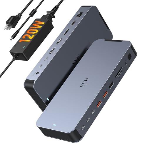 Laptop Docking Station USB C Dock Multiport Hub with 120W Power Adapter | 2 HDMI,DP 8K,Fast USB C Power Supply&Phone 30W Charge,10Gbps USB A/C Ports for Dell HP Lenovo - size: 8.2inches