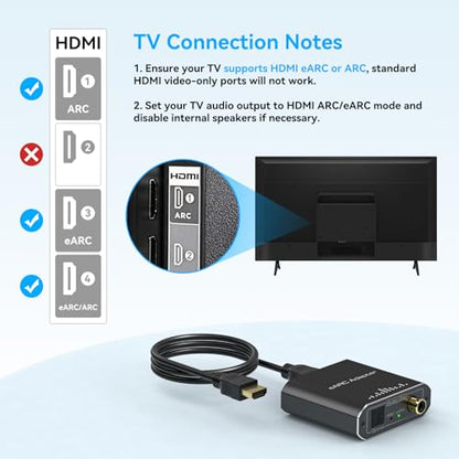 VPFET HDMI eARC Audio Extractor Only Work for HDTV ARC/eARC Audio Adapter Converter HDTV Audio Transmitted via Toslink+Coaxial ports Support 192KHZ for Soundbars Home Theaters and Audio Systems No CEC - size: EARC to Optical Coaxial