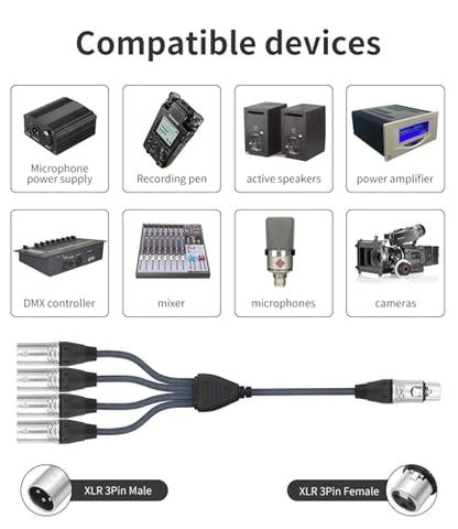 2Feet 3Pin XLR 1 Female to 4 Male Y Splitter Audio Cable,4Way-1 XLR Single Input to Four Output Parallel Connection Cable for Microphone, Audio Player, Power Amplifier, Mixing Console DMX - color: XLR 1F TO 4M-2FT