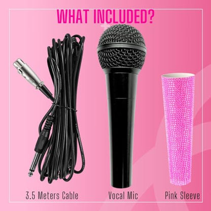 Black XLR Wired Vocal Microphone with Pink Rhinestone Sleeve | Wired Mic Uses Cardioid Pickup For Focused Vocals; 11.5-Ft Lead And Pink Crystal Cover and Band Suit Stage Or Karaoke