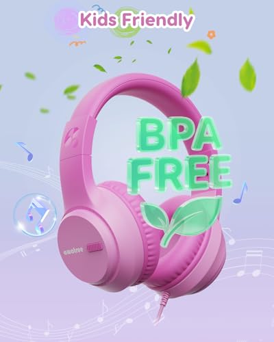 awatrue Kids Headphones for School, 74‑85‑94dB, 3.5mm Jack, HK07 | Foldable Wired Over Ear Headphones, for Toddler School/Travel/iPad/Tablet, Pink - color: Pink
