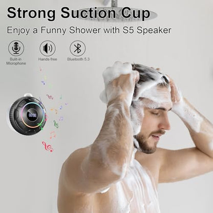 Hupoaf Bluetooth Shower Speaker, Bluetooth Speaker 5.3, 6D Sound, Portable Speaker with Suction Cup/Hook, IPX7 Waterproof, with LED Light/Time Display, for Outdoor/Party/Bathroom//Kayak/Gift