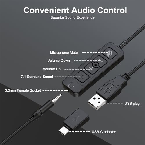 MAIRDI 마이크가 있는 USB 헤드셋, 7.1 서라운드 사운드, USB-A/타입 C/3.5mm 3-in-1 유선 헤드셋, 마이크 노이즈 캔슬링 및 음소거 포함, 노트북 홈 워크 오피스 콜센터 팀 줌용 컴퓨터 헤드폰 - color: 블랙.
