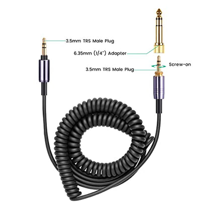 ATH-M50xBT Cable, Coiled Aux Cord for Audio Technica ATH-M50xBT2 Headphones | 3.5mm to 3.5mm(1/8") Extension Wire with 6.35mm(1/4") Adapter for ATH-SR50BT Wireless Headset, 14ft