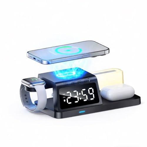 IHAO 6in1Digital Alarm Clock with Wireless Charging Station Night Light 15W Fast Charging for Qi Phone Headphone Bracket for iWatch LED Display Dimmable Brightness-HT309 White - color: Wireless Charger Alarm Clock HT309 White
