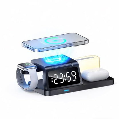 IHAO 6in1Digital Alarm Clock with Wireless Charging Station Night Light 15W Fast Charging for Qi Phone Headphone Bracket for iWatch LED Display Dimmable Brightness-HT309 White - color: Wireless Charger Alarm Clock HT309 White