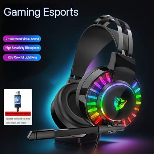 Wired Gaming Headset for PS4 PC Xbox One PS5 Controller, Noise Cancelling Over Ear Headphones with Mic, 7 Color LED Light, 7.1 Surround Sound, Soft Memory Earmuffs for Nintendo Xbox Series(Black)