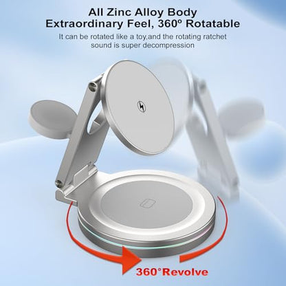 Foldable 360º Rotatable Zinc Alloy 3-in-1 Magnetic Wireless Charger,3 in 1 Charging Station,Charging Stand,15W for iPhone 12-17,5W for Apple Watches, AirPods (Adapter Included) (Gray) - color: gray