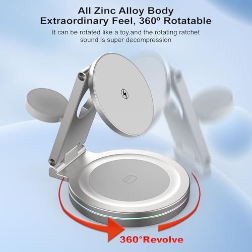 Foldable 360º Rotatable Zinc Alloy 3-in-1 Magnetic Wireless Charger,3 in 1 Charging Station,Charging Stand,15W for iPhone 12-17,for Apple Smartwatches, AirPods (Adapter Included) (White) - color: white