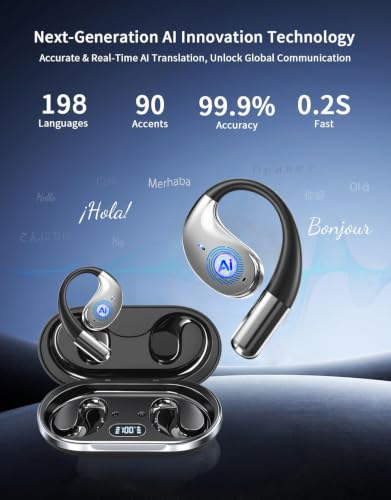 AI Translation Open Ear Earbuds Real Time, Bone Conduction Over The Bluetooth Language Translator Headphones Built-in Mic, Waterproof, Audifonos Traductores Inglés Español, Travel/Music/Calls/Exercise