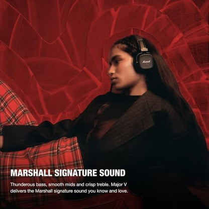 Marshall Major V Wireless On-Ear Bluetooth Headphones - 100+ Hr Playtime | Detachable Audio Cable | Microphone for Calls | Lightweight, Foldable Design for Travel - Black - color: Black