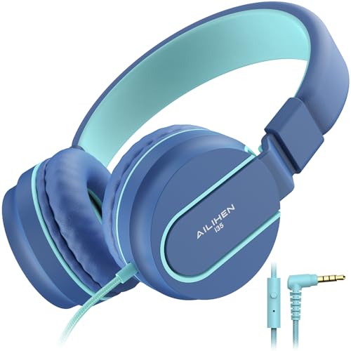 AILIHEN I35 Kids Headphones for School with Mic, 93dB Safe Volume, Blue | Wired On Ear Headphones for Girls Boys, 3.5mm Foldable Lightweight for Classroom Chromebook, Laptop, Computer, Tablet - color: Indigo
