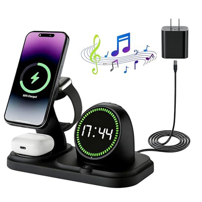 6-in-1 Wireless Charging Station with 30W Fast Adapter, RGB Ambient Light, Digital Clock & Bluetooth Speaker, Multi-Function Desktop Charger for Wireless Charging Phones, Earbuds & Watch - color: Black