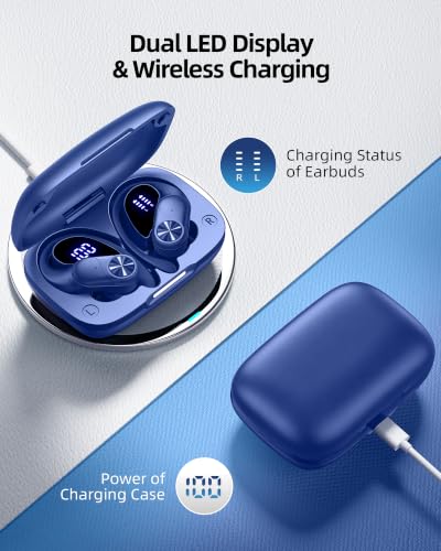 PocBuds Bluetooth Headphones Wireless Earbuds 80hrs Playtime Wireless Charging Case Digital Display Sports Ear Buds with Earhook Deep Bass IPX7 Waterproof Over-Ear Earphones for TV Phone Laptop Navy - color: Navy, style: Standard