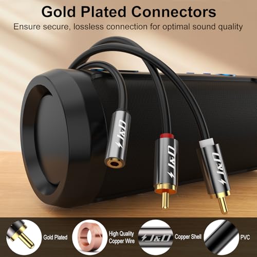 J&D 3.5mm to RCA Adapter Cable, Gold Plated 3.5mm Female to 2 RCA Male Stereo Audio Y Cable for Record Player, Speakers, Home Theater, Smartphone, MP3, 18 Feet - size: 18 Feet