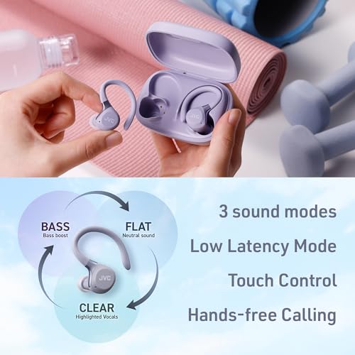 JVC Fitness Series True Wireless Sport Earbuds with Adjustable Hooks, Active Noise Cancelling, Ambient Sound Mode, IP57 Waterproof, 40hr Long Battery Life, App EQ, Low Latency, Mic HAEC75TV Violet - color: Violet