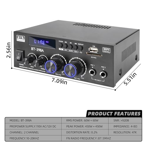 BT-398A Bluetooth 5.0 Stereo Receivers,2 Channel 450W Home Amplifier | 450Wx2 Stereo Receiver with FM Radio,USB/SD/AUX Optical & Coaxial Input for Passive Speakers