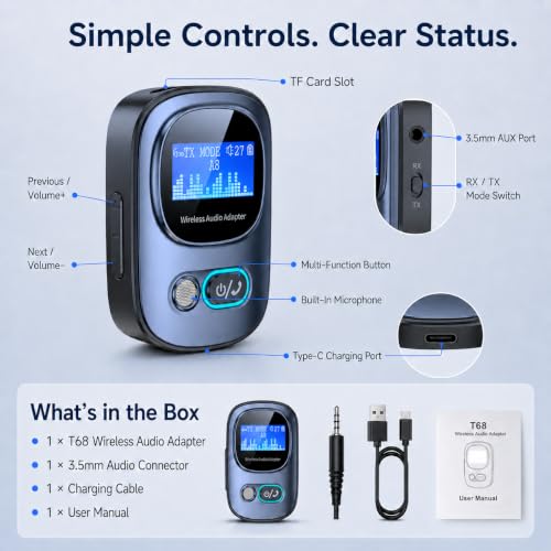 3.5mm Aux Bluetooth Adapter, Car Audio Transmitter and Receivers | Bluetooth Receiver for Home Stereo, Headphones, TV, Support Hands-Free Call, TF Card, Mp3 Player, 10m Transmission Distance