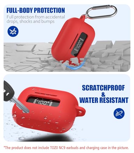 for TOZ0 NC9(2024) Case Cover, Silicone Protective Battery Display Visible Design Cover ONLY for TOZO NC9 Hybrid Active Noise Cancelling Wireless Earbuds 2024 Version with Carabiner-Red - color: Red