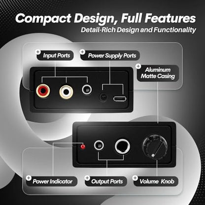 TNP Portable 3.5mm Headphone Amplifier with RCA Input, Volume Control | Inline Headphone Amp with 3.5mm and 6.35mm Outputs, 5V Power Adapter, and Analog Knob for Pc and Home Audio