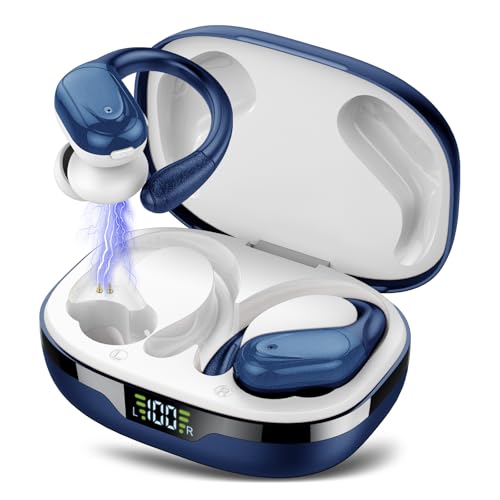 Ear buds Wireless Earbuds Bluetooth 5.3 Headphones 60hrs Playtime with Digital Display Sports Wireless Headphones with Earhook Deep Bass IPX7 Waterproof Over-Ear Earbuds for Android iOS Workout Blue - color: Blue