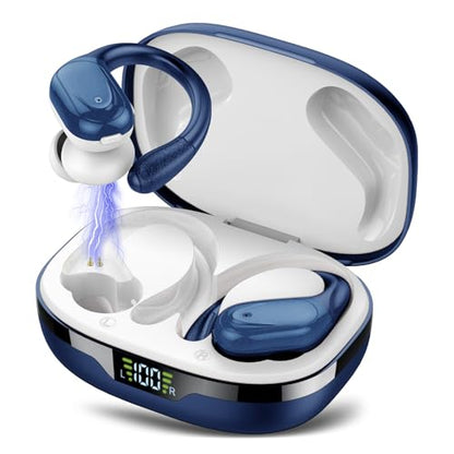Ear buds Wireless Earbuds Bluetooth 5.3 Headphones 60hrs Playtime with Digital Display Sports Wireless Headphones with Earhook Deep Bass IPX7 Waterproof Over-Ear Earbuds for Android iOS Workout Blue - color: Blue