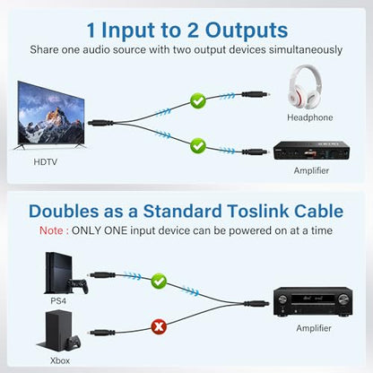 HiFind 2 Way Digital Optical Audio Splitter Cable 6 Ft, 1 in 2 Out Toslink SPDIF Fiber Optic Adapter for HDTV, DVD, Home Theater, Soundbar, Amplifier Receiver Xbox, PS5/PS4- Unidirectional - size: 6FT, style: 2 Male Out