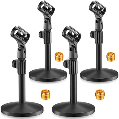 4 Pcs Desktop Mic Stand Adjustable tabletop Mic Stand microphone desk stands with 5/8" Male to 3/8" Female Screw Metal Round Base for Table Desk Interviews, Black