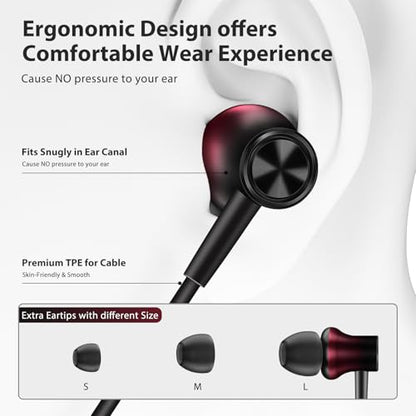 Jiunai Wired Earbuds 3.5mm Headphones in Ear Built-in Mic Red Black | Magnetic Noise Isolated Stereo Hands Free Wired Ear Buds for CD Player Laptop Airplanes Travel iPhone/iPad/Android School