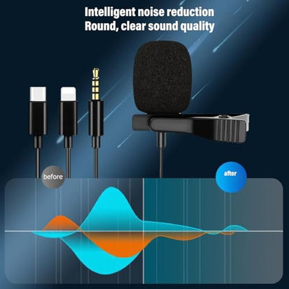 USB C Lavalier Microphone, Noise Cancelling Condenser Mic with Plug & Play, Clip On Lapel Mic for Computer & Smartphone, for Streaming, Gaming, Online Class, Recording