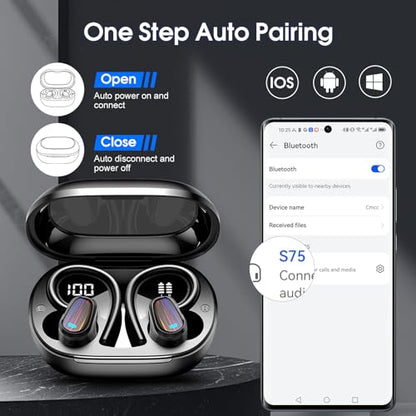 Wireless Earbuds, Bluetooth 5.4 Headphones Sport, Over Ear Buds with ENC Noise Canceling Mic, Deep Bass Stereo Ear Buds with Hook, 50H Playback, LED Display, IP7 Earphones for Workout Running, Black | 50H Playback, IP7 Waterproof Earphones for Workout Run