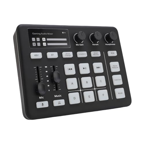 PUSOKEI Gaming Audio Mixer, Bluetooth 5.0 Live Sound Card with RGB Light, XLR Interface, Audio Interface with Pro preamp, Volume Fader, 48V Phan tom Power, for Live Streaming