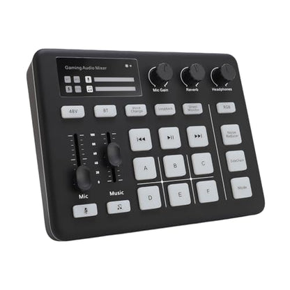 PUSOKEI Gaming Audio Mixer, Bluetooth 5.0 Live Sound Card with RGB Light, XLR Interface, Audio Interface with Pro preamp, Volume Fader, 48V Phan tom Power, for Live Streaming