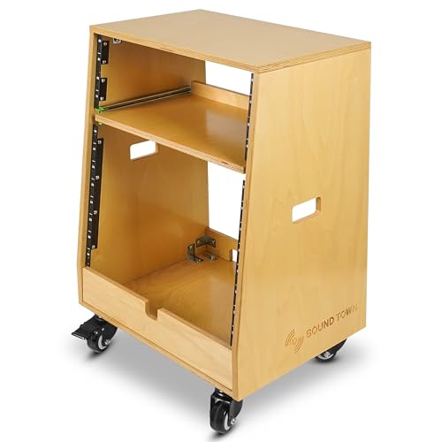 Sound Town DIY Slanted 12U Studio Rack (4U Top + 8U Lower), with 2U Bottom Storage, Slide-Out Tray, Caster, Plywood, Golden Oak for Recording Room, Home Studio (SDRK-ST12T) - size: 12U(4U Top + 8U Lower),Golden Oak