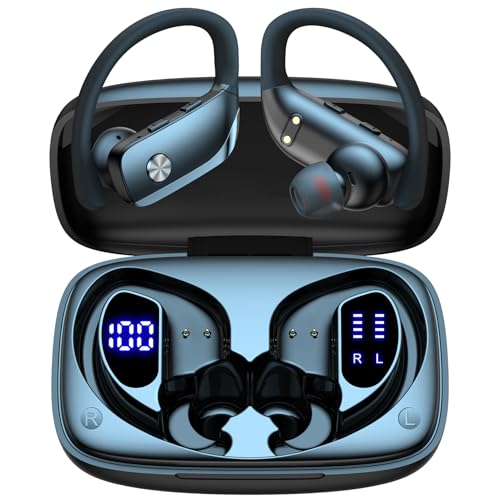 bmani Ear Buds Wireless Earbuds Bluetooth Headphones with 80H Playtime LED Display Case, Over-Ear Hook with Mic, Stereo Sound, Easy Button Controls, Sports Earphones for Running Workout Gym Black - color: Black, style: Standard