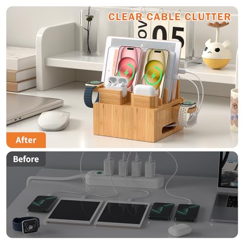 Pezin & Hulin Multiple USB Charging Station Including Charger HUB, 5 Cables | Wooden Bamboo Dock Station for Cell Phones, Tablets, Earpods and Smart Watch -Natural Bamboo