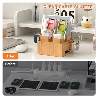 Pezin & Hulin Multiple USB Charging Station Including Charger HUB, 5 Cables | Wooden Bamboo Dock Station for Cell Phones, Tablets, Earpods and Smart Watch -Natural Bamboo