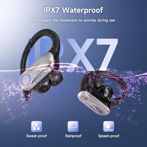 Sports Wireless Earbuds with Ear Hooks, Bluetooth 6.1 Noise Canceling Headphones, 90H Playtime LED Display, IPX7 Waterproof Running Workout Earphones, Black