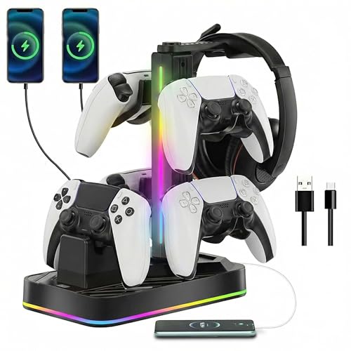 PS5 Controller Charger with Headphone Stand, RGB PS5 Controller Charging Station Dock with 3 USB Ports, Headset and Controllers Holder Stand for PlayStation 5 & DualSense Edge Controllers - size: Charger with Holder for PS5