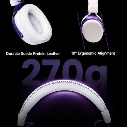 Akko Verge S9 Ultra Lightweight Wireless Gaming Headset, Quad Mode 2.4G, BT, Wired Connectivity Headset with Noise Cancelling Mic, Compatible with PS PC Phone, Design for Comfort White - color: Purple & White