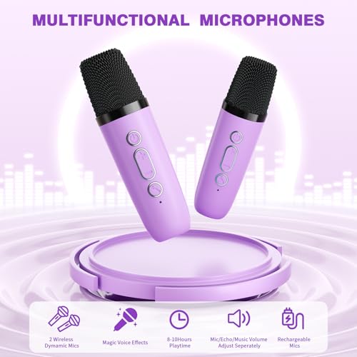Mini Karaoke Machine with 2 Wireless Microphones, 2026 TOP Kids Portable Bluetooth Karaoke Machine for 3, 4, 5, 6, 7, 8, 9,10,11,12+Year Old, Christmas Birthday Gifts for Girls Boys Adults Home Party - color: Purple